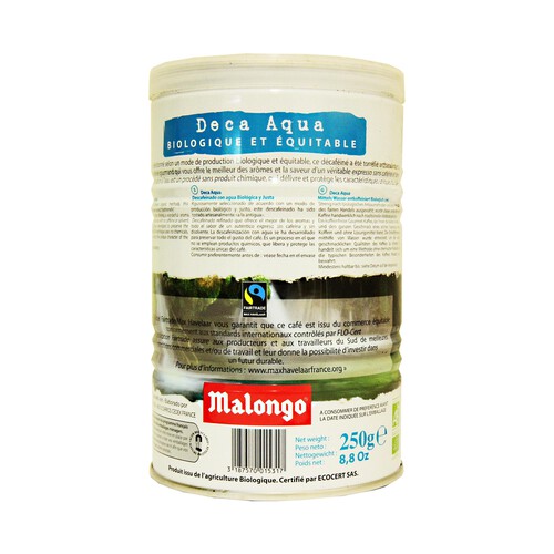 MALONGO Café molido descafeinado biológico MALONGO 250 g.