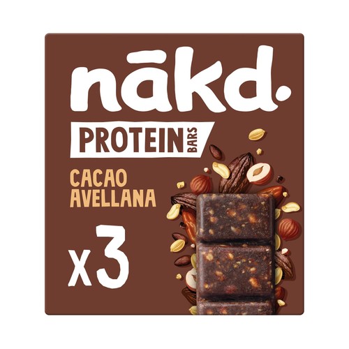 NAKD Barritas de cacao con avellanas, con alto contenido en proteinas 3 uds 135 g.