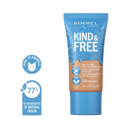 RIMMEL  Kind & free Tono 150 Rose Vainilla Base de maquillaje hidratante para un acabado radiante y saludable, 30 ml.