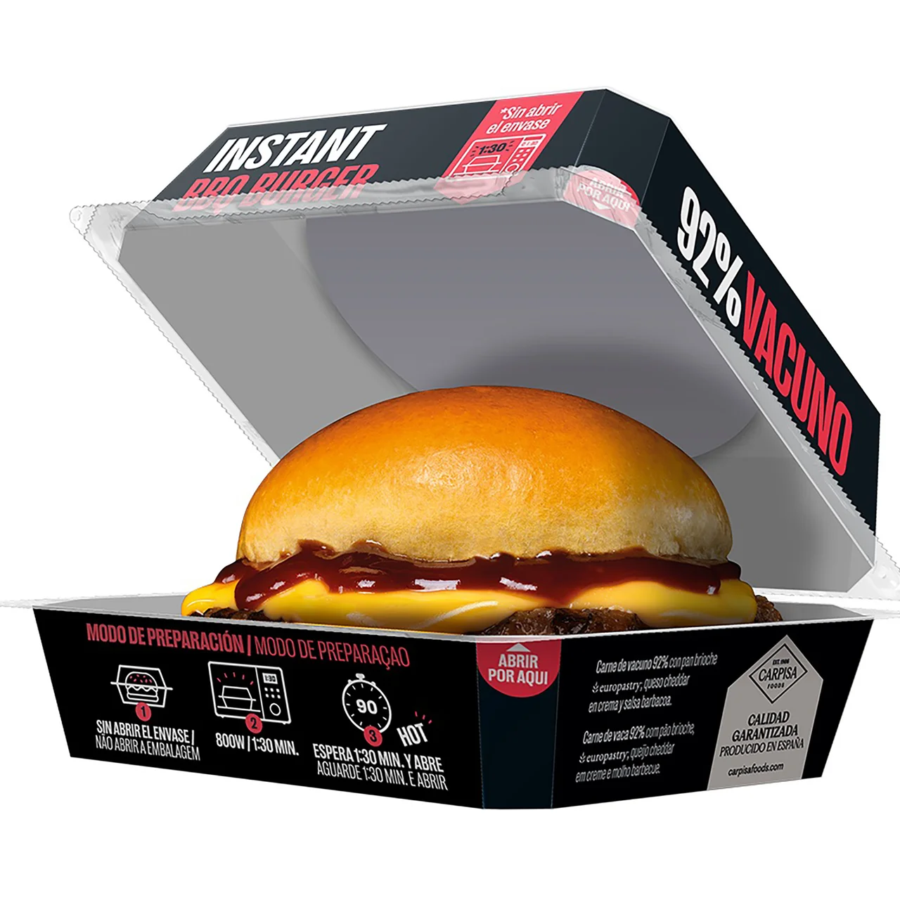 Instant Hamburguesa barbacoa con un 92% carne de vacuno 210 g.