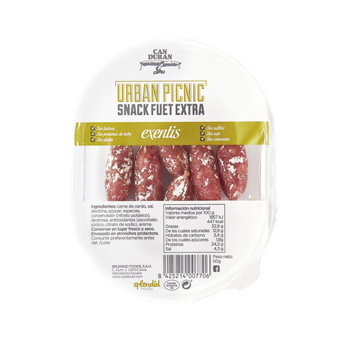 Mini fuets de categoría extra, ideales cono snacks CAN DURAN Urban picnic exentis 50 g.