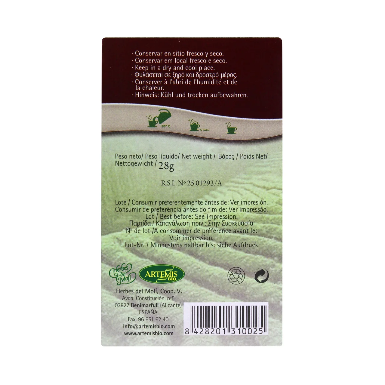 ARTEMIS BIO Te verde ecológico comercio justo ARTEMIS 28 g.