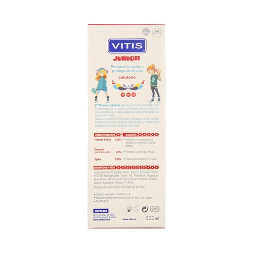 VITIS Enjuague bucal diario, con flúor y sin alcohol, con sabor a Tutti Frutti, a partir de 6 años VITIS Junior 500 ml.