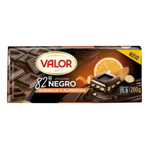 VALOR Chocolate negro (82 % cacao) con naranja y almendra 200 g.