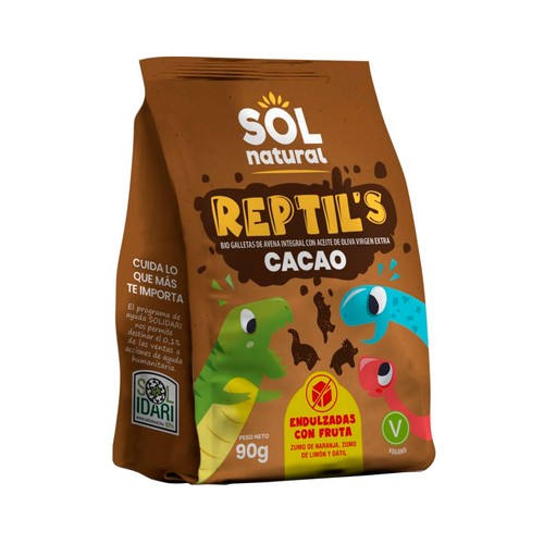 SOL NATURAL Reptil´s Galletas ecológicas de avena integra, AOVE y cacao, endulzadas con fruta 90 g.