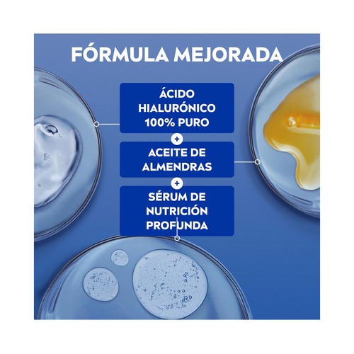 Formulada con 3X más ácido Hialurónico que la fórmula anterior, Sérum de Nutrición Profunda y Aceite de Almendras Natural para ofrecerle a la piel seca o muy seca un efecto 3X más hidratante y 72 horas de hidratación para una piel de aspecto saludable en sólo 3 días.Su textura no grasa hidrata en profundidad y se absorbe rápidamente en la piel. Su compatibilidad con la piel está dermatológicamente probada y su fórmula es vegana sin ingredientes de origen animal.