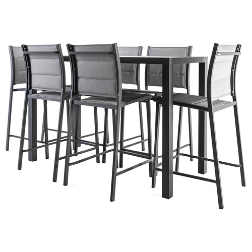 Conjunto de 7 piezas con mesa y 6 sillas altas de aluminio y textileno color negro, Oliva KACTUS REPUBLIC.
