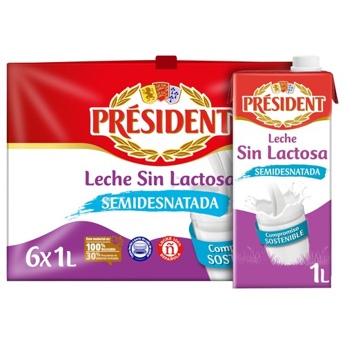 PRESIDENT Leche de vaca semidesnatada y sin lactosa de origen 100% española  6 x 1 l.