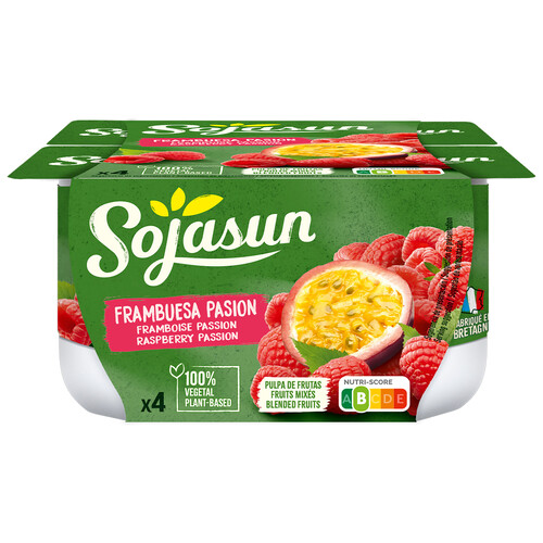 Especialidad de soja con pulpa de frambuesa y fruta de la pasion SOJASUN 4 x 100 g.