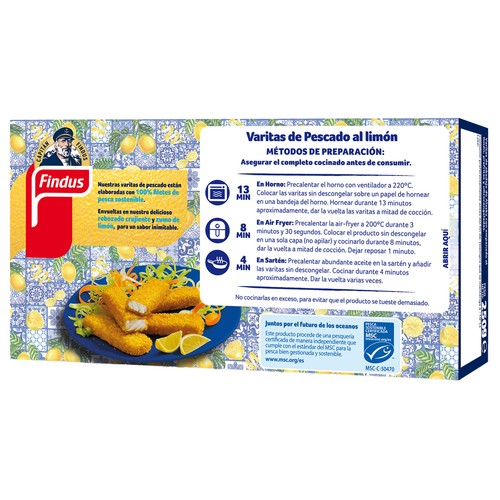 FINDUS Varitas de pescado (MSC) rebozado al limón (con zumo de limón) 10 uds.