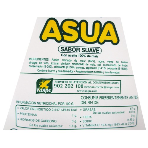 ASUA Mayonesa sabor suave con aceite de maíz bote de 450 g.