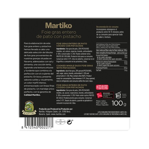 MARTIKO Foie gras de pato entero con pistacho 100 g.