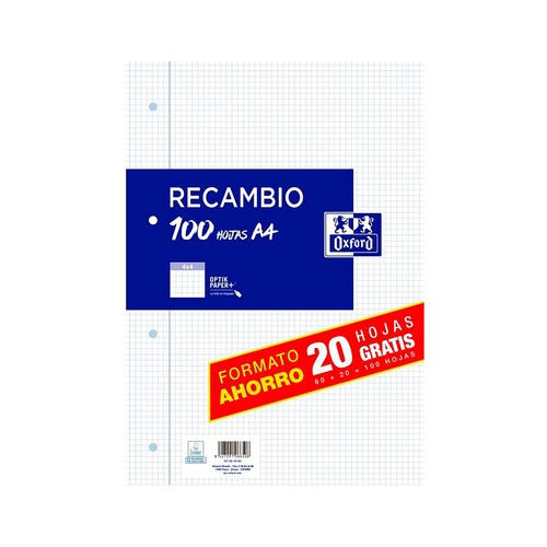 Recambios cuadrícula A4, 80 hojas + 20 gratis, 4 x 4, OXFORD.