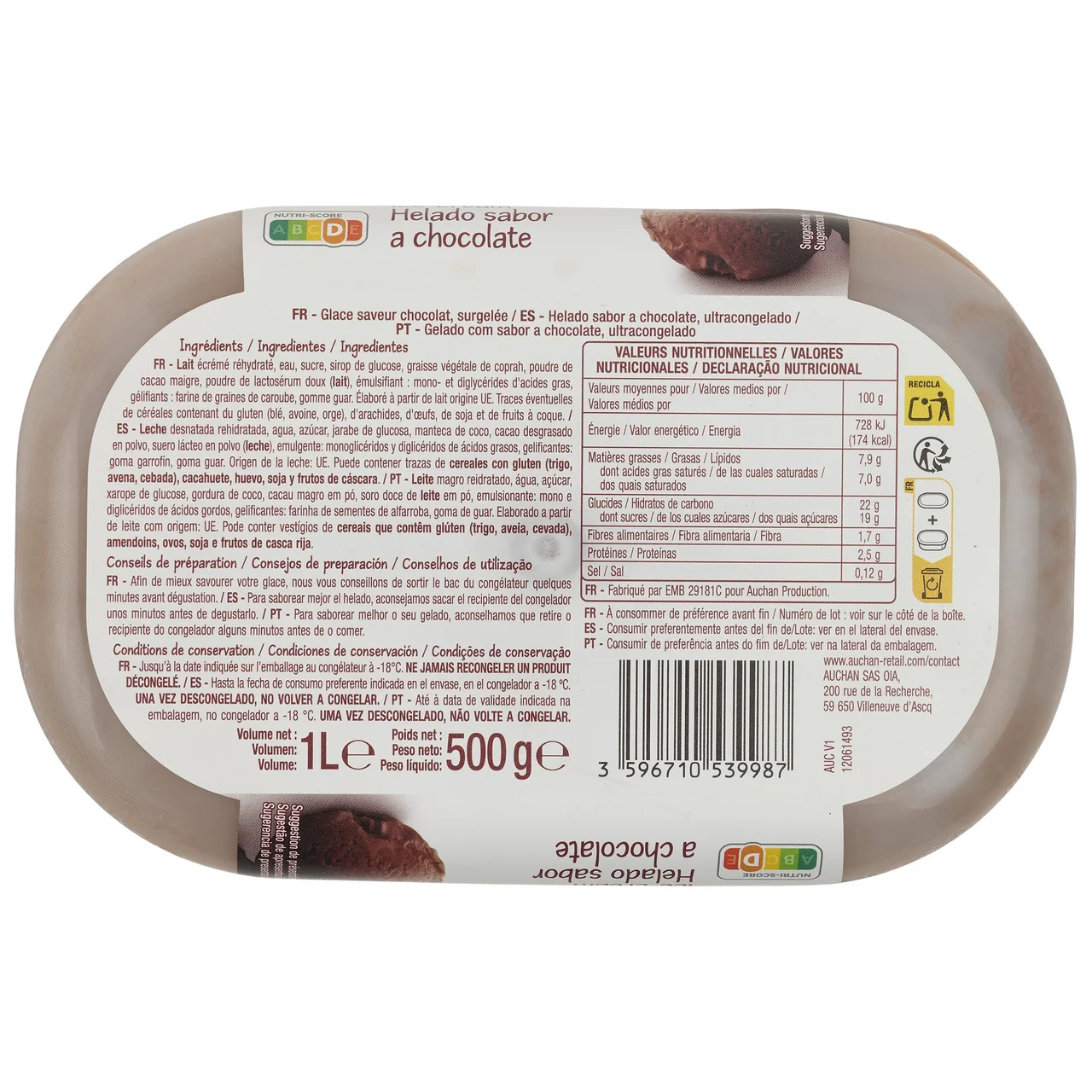 PRODUCTO ECONÓMICO ALCAMPO Tarrina de helado sabor a chocolate 1 l.