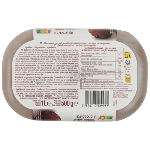 PRODUCTO ECONÓMICO ALCAMPO Tarrina de helado sabor a chocolate 1 l.