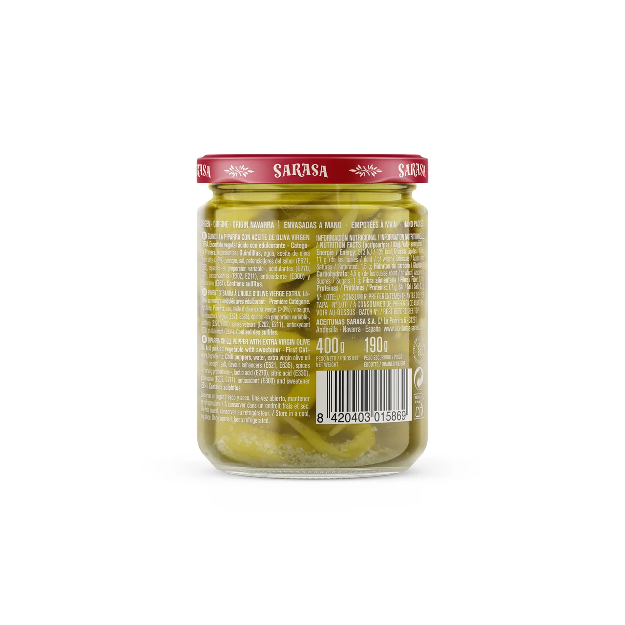 SARASA Guindilla piparra con aceite de oliva virgen extra SARASA 190 g.