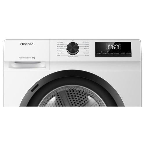 Secadora por condensación con bomba de calor HISENSE DHQE800BW2, capacidad de secado: 8KG, clasificación energética: A++, H: 84,5cm, A: 59,5cm, F: 55cm.
