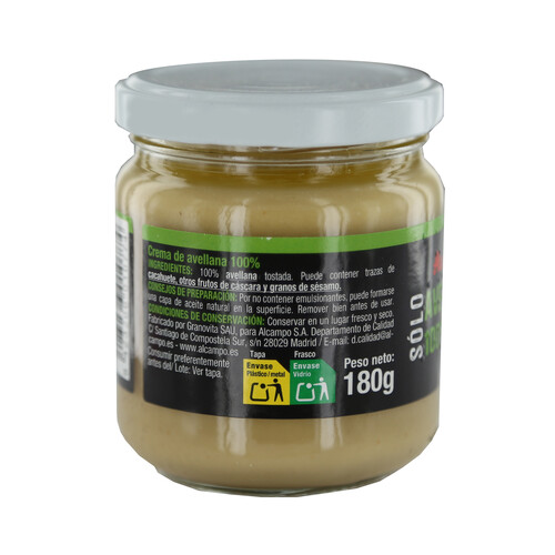 PRODUCTO ALCAMPO Crema de avellanas elaborada sin gluten 180 g.