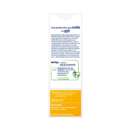 NIVEA Sun sensitive Protector facial sin perfume con FPS 50 (muy alto) 50 ml.