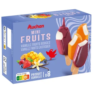 PRODUCTO ALCAMPO Mini helados de vainilla con cobertura de frutas rojas (4) y frutas exóticas (4) 8 x 50 ml.
