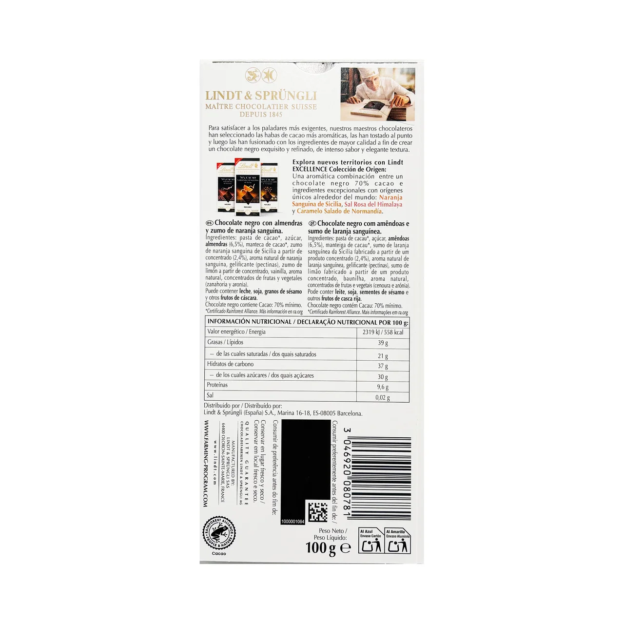 Chocolate negro 70 % cacao de naranja 100 g.
