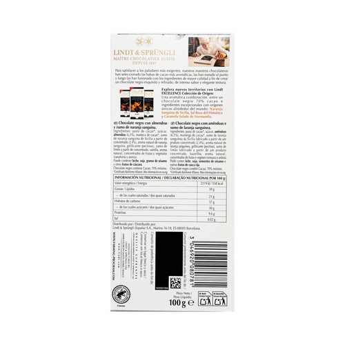 LINDT Chocolate negro 70 % cacao de naranja 100 g.