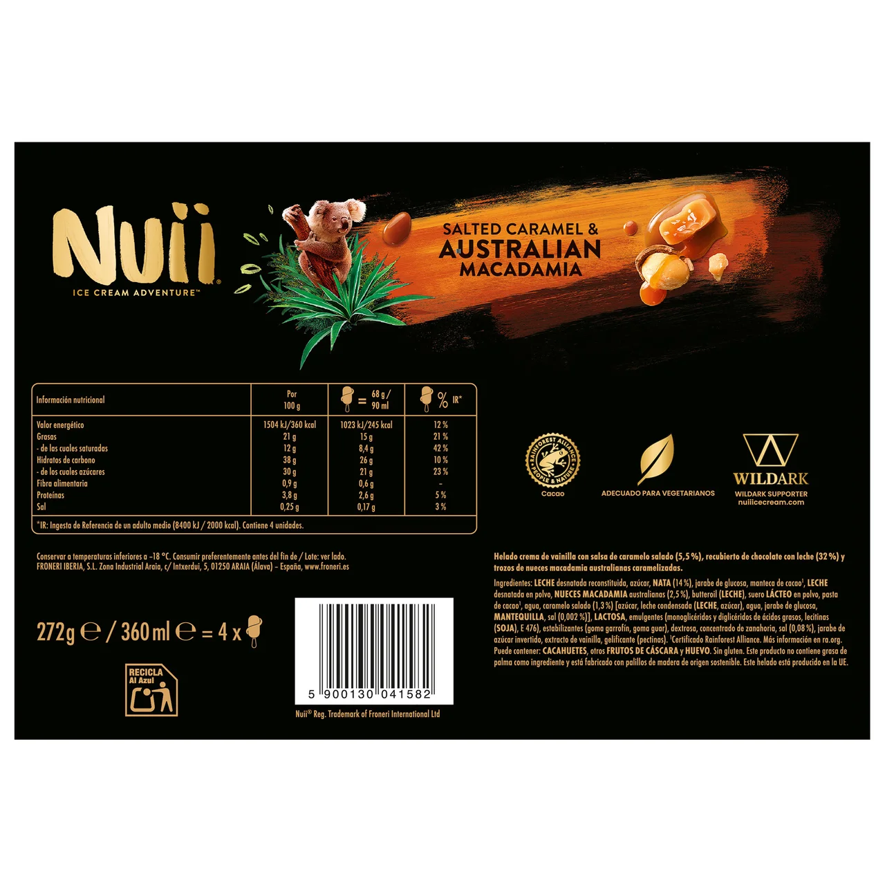 Bombón helado de vainilla con caramelo salado y trozos de nueces de macadamia australianas 3 x 90 ml.