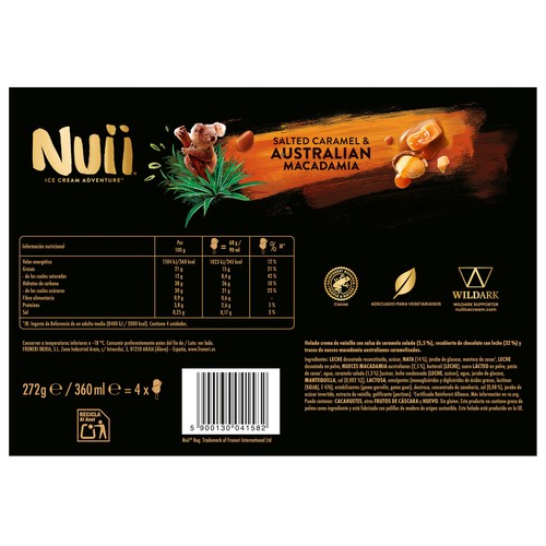 NUII Bombón helado de vainilla con caramelo salado y trozos de nueces de macadamia australianas 3 x 90 ml.