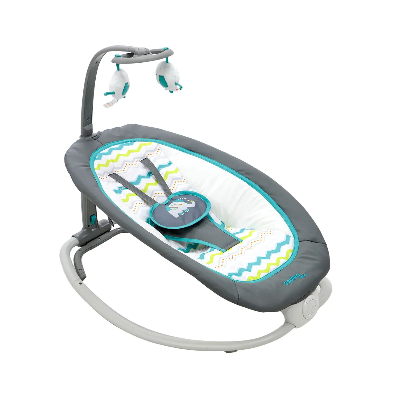 Hamaquita musical Fold Elefante color aqua, con juguetero extraíble, 7 melodías