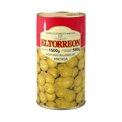 EL TORREON Aceitunas verdes manzanilla rellenas de anchoa lata de 590 g.