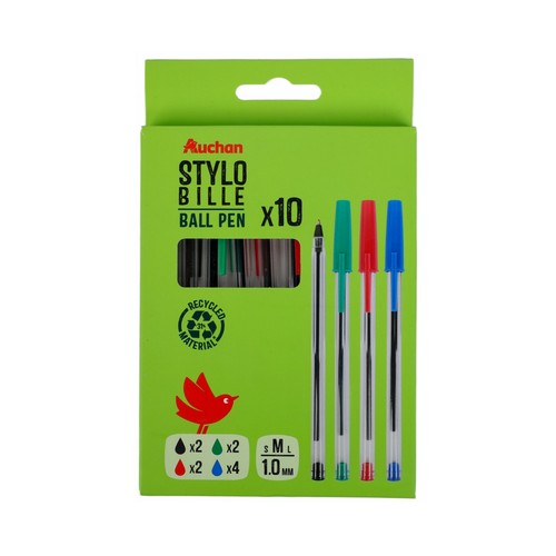 Set 10 bolígrafos capuchón 4 colores recargable. ALCAMPO