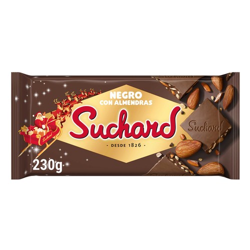 SUCHARD Turrón de chocolate negro con almendras enteras y arroz inflado 230 g.