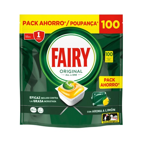FAIRY Original Detergente todo en uno para lavavajillas en cápsulas, con aroma a limón 100 uds.