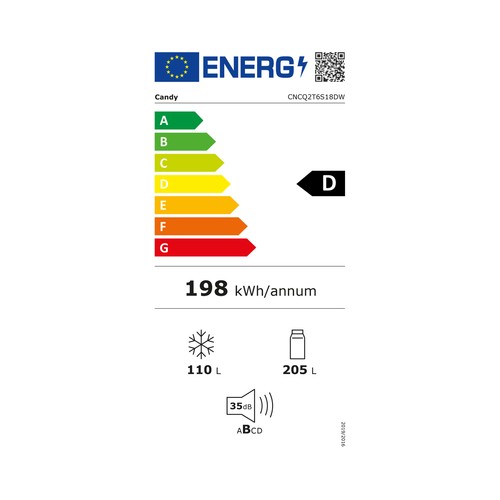Frigorífico combi 185cm CANDY CNCQ2T6S18DW BLANCO, No Frost, clasificación energética: D, H: 185cm, A: 59,5cm, F: 59,9cm, capacidad total: 315L.