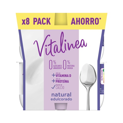 Yogur desnatado 0% materia grasa, natural edulcorado VITALINEA de Danone 8 x 120 g.