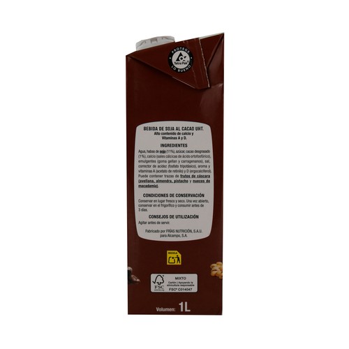 AUCHAN Bebida de soja con sabor a chocolate 1 l. Producto Alcampo