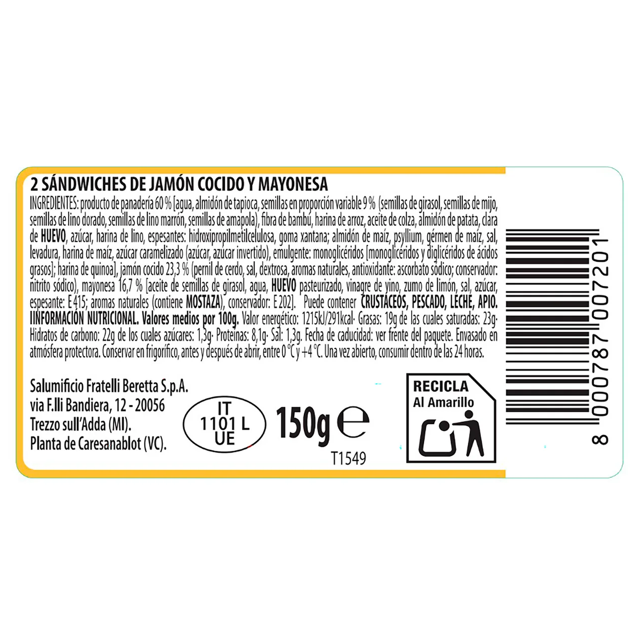 Sándwich de jamón cocido y mayonesa sin gluten 150 g.