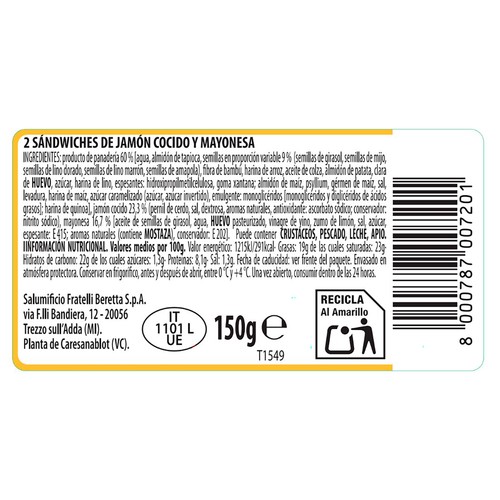 FRATELLI BERETTA Sándwich de jamón cocido y mayonesa sin gluten 150 g. 