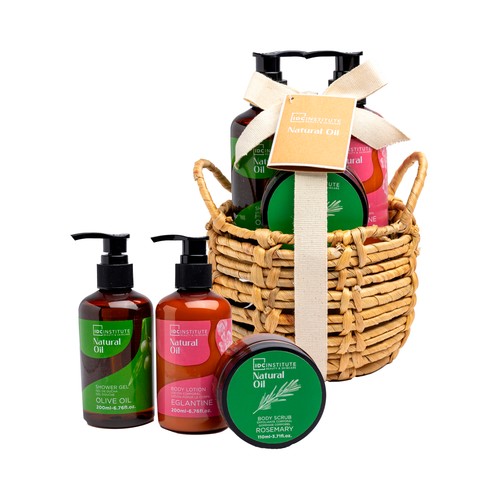 IDC INSTITUTE Natural oil Cesta con gel de ducha (200 ml), loción corporal (200 ml) y exfoliante corporal (110 ml).