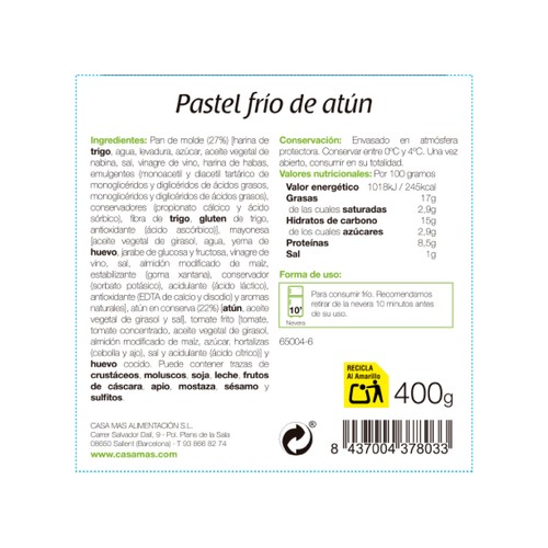CASA MAS Pastel frio de atún listo para comer CASA MAS 400 g.