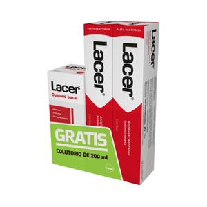 LACER Pasta de dientes con flúor y acción antiplaca (2x75 ml) + enjuague bucal de uso diario (200 ml).