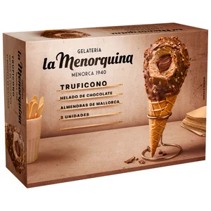 LA MENORQUINA Conos de helado de chocolate con nata, salsa de chocolate y cobertura de chocolate con leche recetas artesanales 3 x 130 ml.