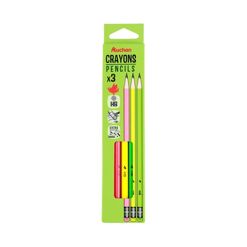 Set 3 lápices grafito neón con goma HB. ALCAMPO