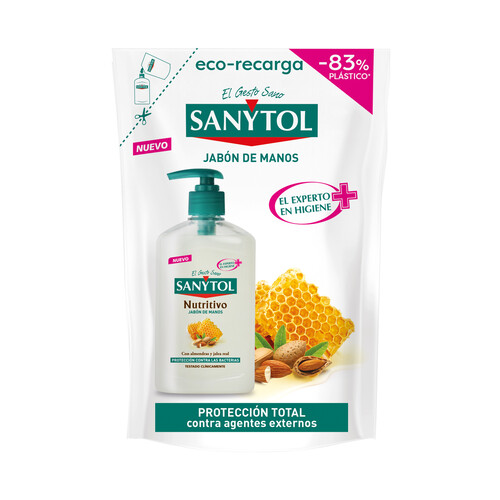 SANYTOL Recambio de jabón de manos líquido con almendras y jalea real y acción nutritiva SANYTOL 200 ml.