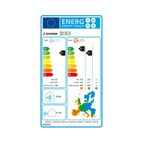 Aire acondicionado con bomba de calor MITSUBISHI DXK Global-12, Inverter, 3.010 frig/h,. A++/A+++, gas R32, (Hasta 30m² aprox.)