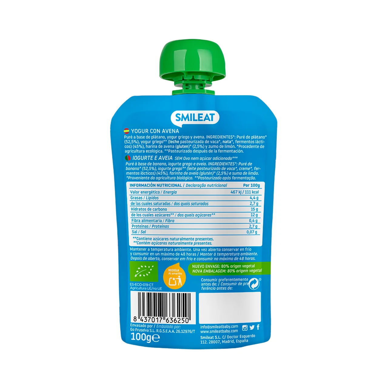 SMILEAT Bolsita de yogur, plátano y avena ecológica, a partir de 9 meses 100 g.