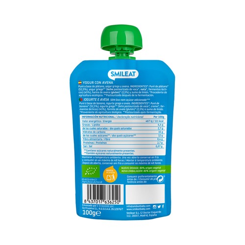 SMILEAT Bolsita de yogur, plátano y avena ecológica, a partir de 9 meses 100 g.