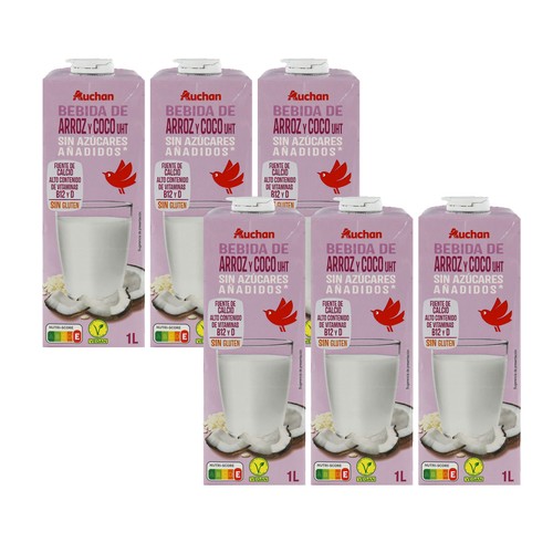 AUCHAN Bebida de coco y arroz sin azúcares añadidos ni gluten 6 x 1 l. Producto Alcampo
