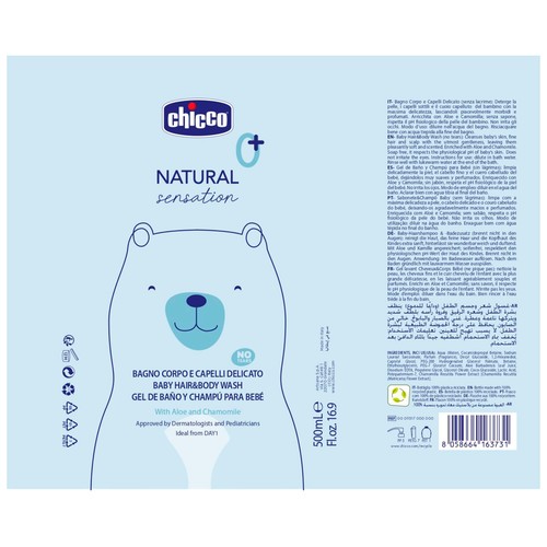 CHICCO Nautal sensation Gel de baño y champú para bebe desde 0 meses 500 ml.