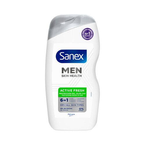 SANEX Gel de ducha o baño 6 en 1 cuerpo, para todo tipo de pieles, incluso secas SANEX Men active fresh 475 ml.